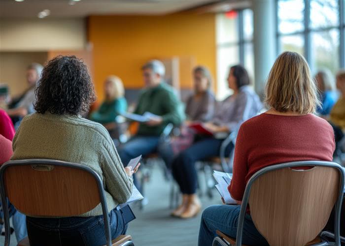 Group of people talking in a circle